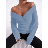 Crew-neck Off-shoulder Casual Cross-over Fitted Knit Sweater