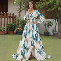 Womens Cinched Waist, Slit V-Neck Backless Long-Sleeve Dress