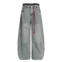 Retro Patchwork Waist Chain Washed Machete Jeans For Men And Women
