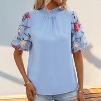 Embroidered Mesh Stitching Short-sleeved Shirt