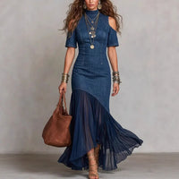Off-shoulder Short-sleeve Mesh-hem Dress