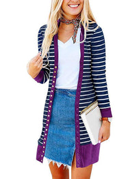 Autumn And Winter Plus Size Women's Fashionable Mid-length Button Striped Cardigan