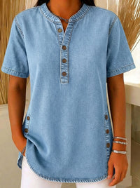 V-neck Casual Womens Faux Denim Short-sleeve Top
