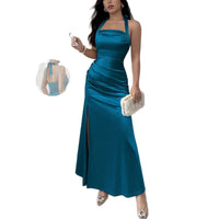Neck-hanging Backless High-waisted Silk Slip Dress With A Slit And No Sleeves