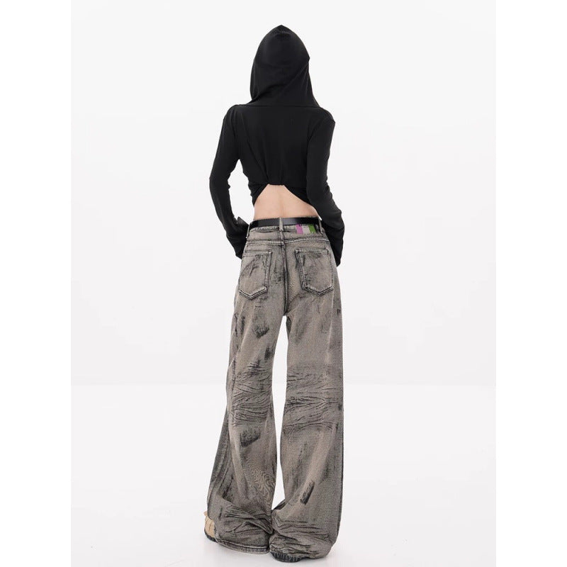 Retro Waste Soil Style Tie-dyed Wide-leg Jeans For Women