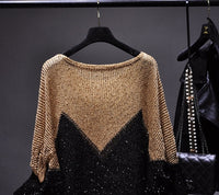 Sequined Pullover Loose Cape Batwing Shirt Hollow Round Neck Sweater