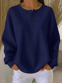 Ins Waffle Long-sleeved T-shirt Fashion Solid Color Buttons Round Neck Pullover Top Women's Clothing