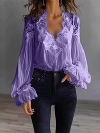 Lace-panelled Ruffled Puff-sleeve Pleated Shirt