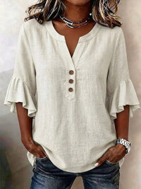 Solid-color V-neck Three-quarter-sleeve Ruffled Casual Cotton-linen Top