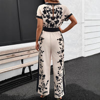 Womens Printed Colorblock Tie-Waist Short-Sleeve Jumpsuit