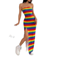 Rainbow-striped Bodycon Off-shoulder Halter Sexy Summer Dress
