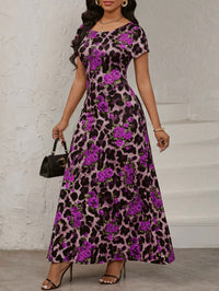 Leopard-Print Rose Floral Fashionable Elegant Waist-Cinching Slimming Dress