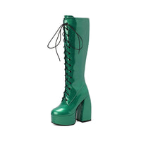 Womens Round-Toe Lace-Up Chunky-Heel Patent Leather Over-the-Knee Boots
