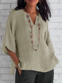 Three-quarter-sleeve Cotton-linenSolid-color Loose-fit Casual Shirt