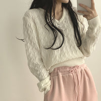 Twist-knit V-neck Waist-cinching Long-sleeve Knit Sweater