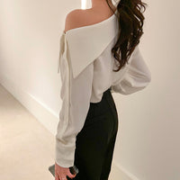Womens Solid-Color Off-the-Shoulder Button-Down Korean-Style Fashion Shirt