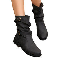 Retro Distressed Barrel Boots With Metal Buckles And Stitched Detailing Mid Calf Length
