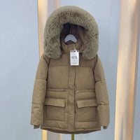 Slimming Drawstring Thick With Cap Big Fur Collar Coat