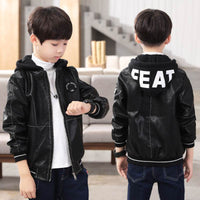 Boys' Casual Hooded Lettered Leather Coat