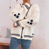 Street Arm Embroidery Knitted Coat V-collar Contrast Color Sweater