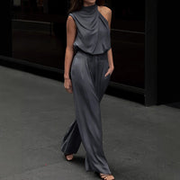 Womens Fashion Solid Color Turtleneck Sleeveless Top High-Waist Straight-Leg Wide-Leg Pants Set