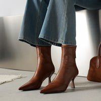 Stiletto-heeled Cowhide Pointed-toe Ankle Boots With A Back Zipper