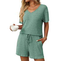 Solid-color Ribbed Sleepwear Short-sleeve Loungewear Set