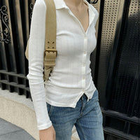 Casual Simple Slim-fit Single-breasted Cardigan Polo Collar Long Sleeve T-shirt
