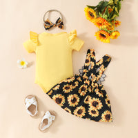 Baby Girl Sunflower Suspender Skirt Short Sleeve Top Suit Solid Color