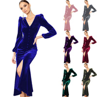 Knitted V-neck Padded-shoulder Long-sleeve Dress