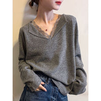 Lace-trimmed Knit Sweater A Stylish Versatile Piece That Exudes Elegance