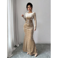 Retro Elegant Pearl-Embellished Waist-Cinching Sheath Velvet Maxi Dress