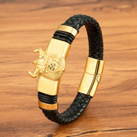 Lion Ox Head Tiger Heavy-Duty Stainless Steel Genuine Leather Magnetic-Clasp Mens Bracelet
