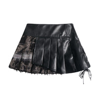 Fashion Leather Stitching Pleated Skirt Women