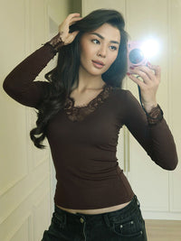 Womens New FallWinter Sexy V-Neck Lace Long-Sleeve Top