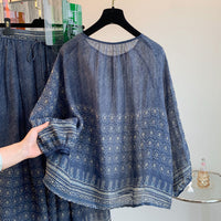 Round-neck Chinese-style Printed Loose-fitting Lightweight Linen Pullover Shirt