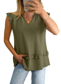 Womens V-Neck Ruffle-Trim Loose Casual Shirt