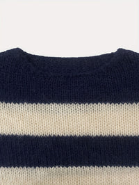 Crew-neck Contrast-striped Loose-fit Casual Chic Versatile Knit Pullover