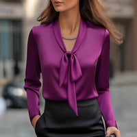 Fashionable Elegant Solid Color Tie Satin Long Sleeve Shirt