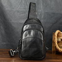 Mens Full-Grain Shoulder Casual Minimalist Chest Bag Large Capacity Genuine Leather