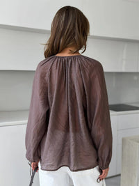 Lotus Leaf Edge Tied Lantern Sleeve Semi Transparent Thin Shirt