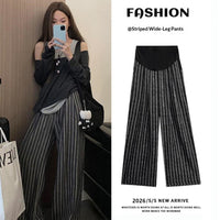 Laid-back Style Vertical Stripe Loose High-Waist Wide-Leg Maternity Pants