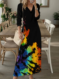 V-neck Long-sleeve Bohemian Peacock-print Floral Maxi Dress