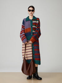 American Retro Color Stripes Long Sweater Coat Women