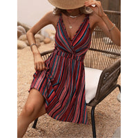 Striped Wrap Style V Neck Slip Dress With Thin Shoulder Straps And Elastic Back Straps