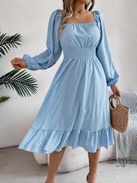 Women's Casual Solid Color Square Neck Long Sleeve Tie Waist Ruffle A-Line Dress