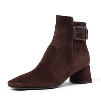 Retro-style Leather Belt Buckle Versatile Square-toe Chunky-heel Ankle Boots
