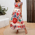 Printed Flared Maxi Dress With Long Sleeves And Lace-Up Waist Casual Style