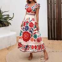 Printed Flared Maxi Dress With Long Sleeves And Lace-Up Waist Casual Style
