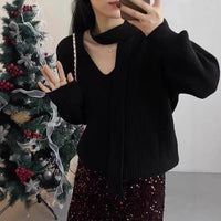 Womens Solid-Color Loose V-Neck Long-Sleeve Sweater With Ribbons